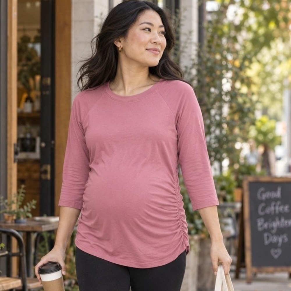 Pact Organic Cotton Side Ruched Maternity Top Pink 3/4 Sleeve Small